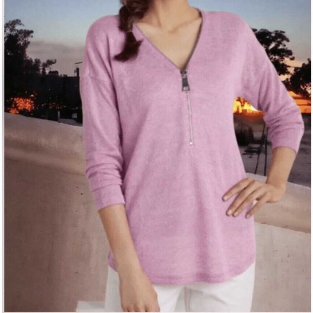 Soft Surroundings Valentina Womens Pink Lavender Knit V-Neck Sweater Size L